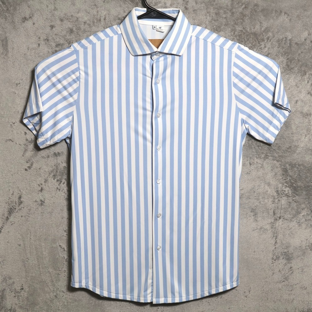 State & Liberty Shirt Men Medium Blue White Striped Short Sleeve Athletic Preppy